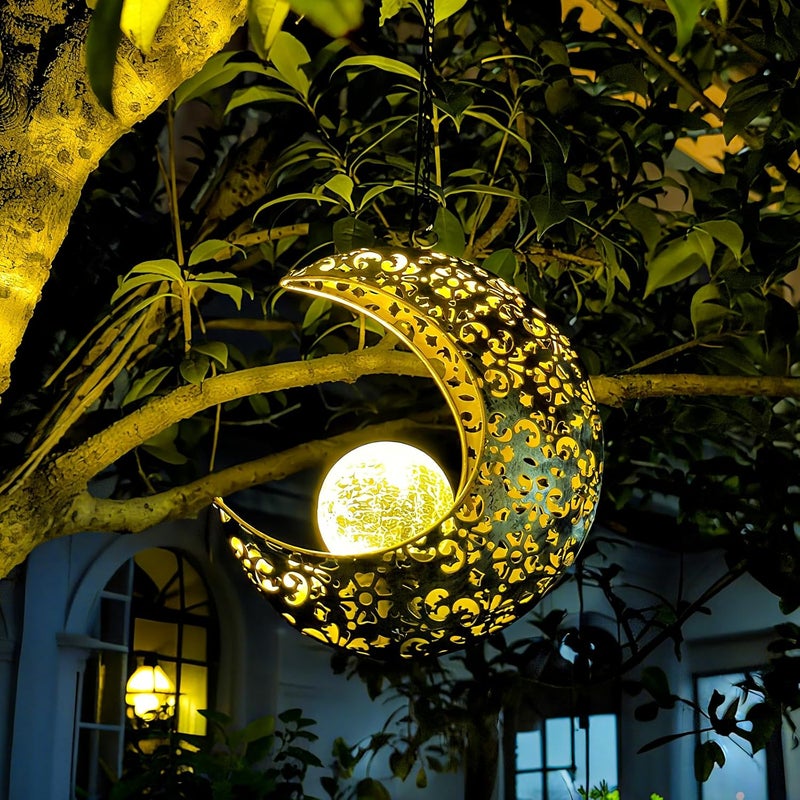 CF Solar Garden Hanging Moon Lights Outdoor Decor,Metal Lanterns Art Decorations for Outside Yard Lawn Patio Wall Fences Driveway Trail,Unique Housewarming Gardening Gifts for Women Mom - Image 1